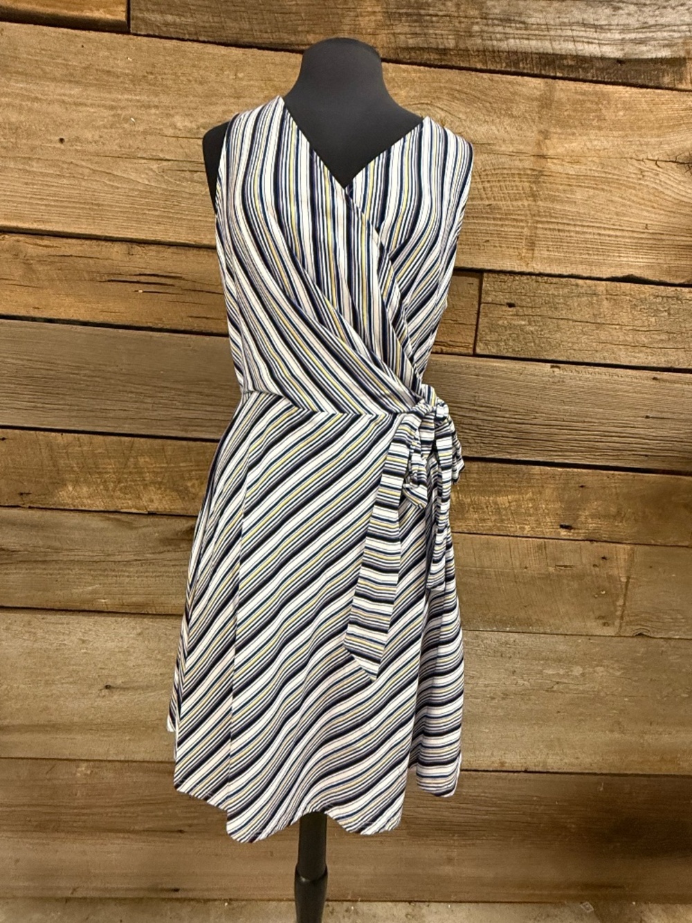 Kori America faux wrap knit dress, White/black/blue/yellow stripes, Medium